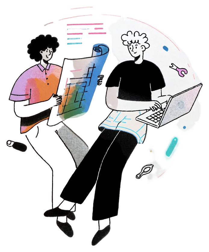 A figure reading blueprints while coding on a laptop