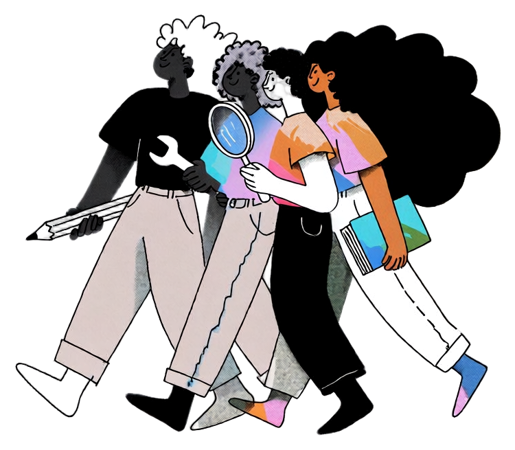 Four expert practitioners walking together with tools