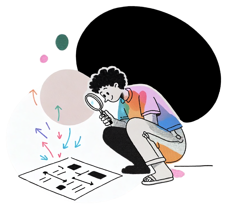 A figure examining a flowchart with a magnifying glass